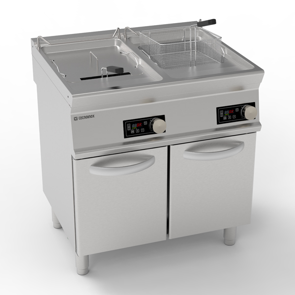 Friteuză electrică de sine stătătoare, cu cuvă dublă 17+17L, control electronic și elemente de încălzire rotative în cuvă, pe cabinet închis