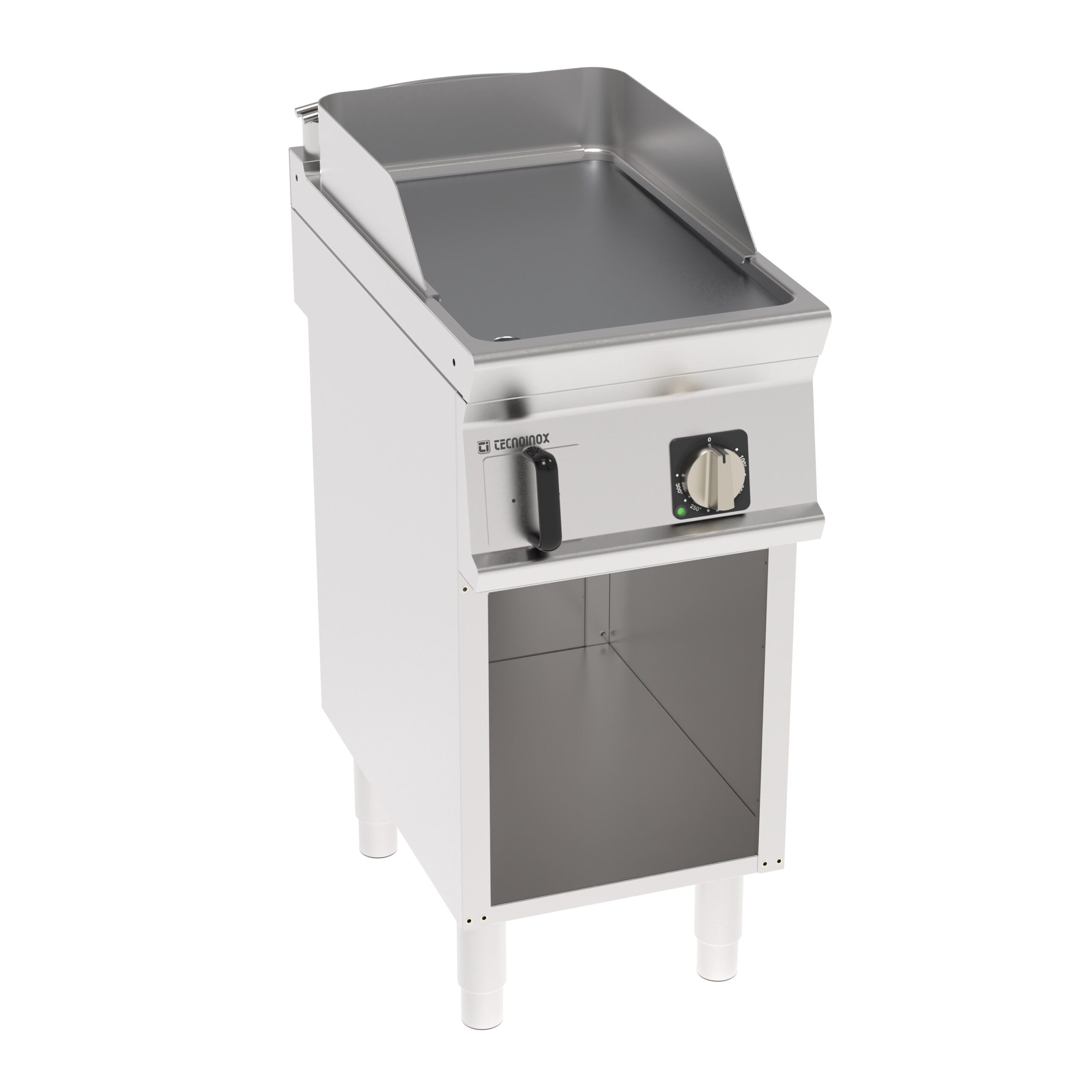 Grătar electric independent cu placă netedă cromată periată pe dulap deschis