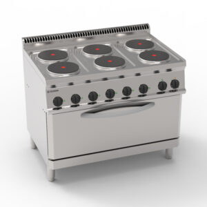Aragaz electric cu 6 plite rotunde ermetice (diam 22 cm) pe cuptor electric static de dimensiuni mari (92.5x63x30 cm) și 1 grătar