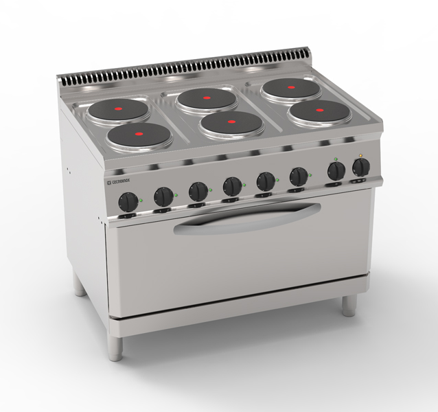 Aragaz electric cu 6 plite rotunde ermetice (diam 22 cm) pe cuptor electric static de dimensiuni mari (92.5x63x30 cm) și 1 grătar