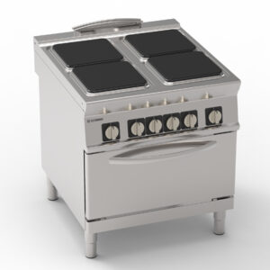 Aragaz electric cu 4 plite pătrate hermetice (30x30cm) cu cuptor electric static GN2/1 cu 1 grilaj