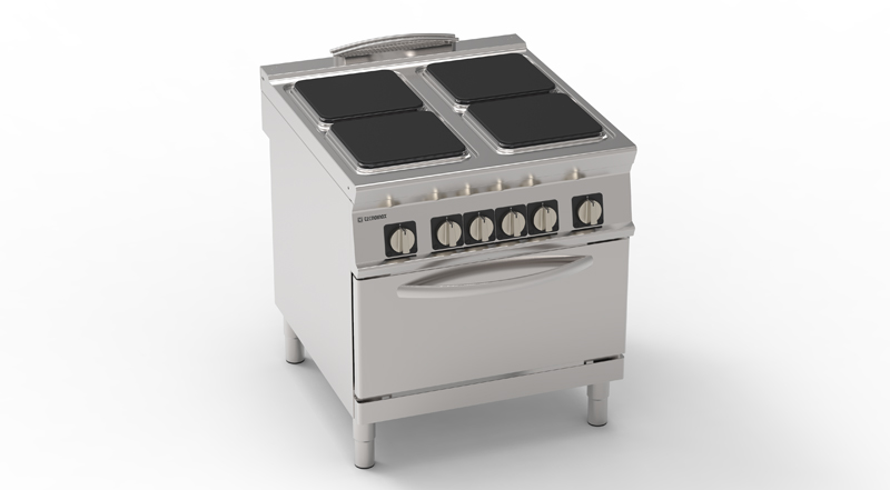 Aragaz electric cu 4 plite pătrate hermetice (30x30cm) cu cuptor electric static GN2/1 cu 1 grilaj