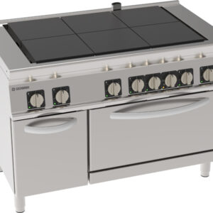 Aragaz electric cu 6 plite pătrate coplanare rabatabile și cuptor electric static GN2/1