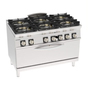 Plită de gătit pe gaz cu 6 arzătoare ermetice Super, grătare din fontă pe cuptor static pe gaz de dimensiune completă cu 1 grătar