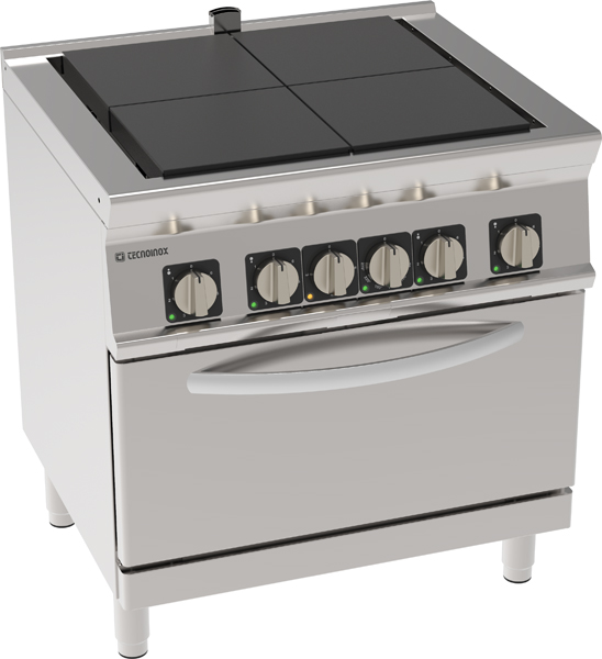 Aragaz electric cu 4 plite pătrate coplanare rabatabile și cuptor electric static GN2/1