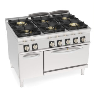 Aragaz pe gaz cu 6 arzătoare ermetice super și grătare din fontă pe cuptor electric cu convecție GN1/1 cu 1 grătar