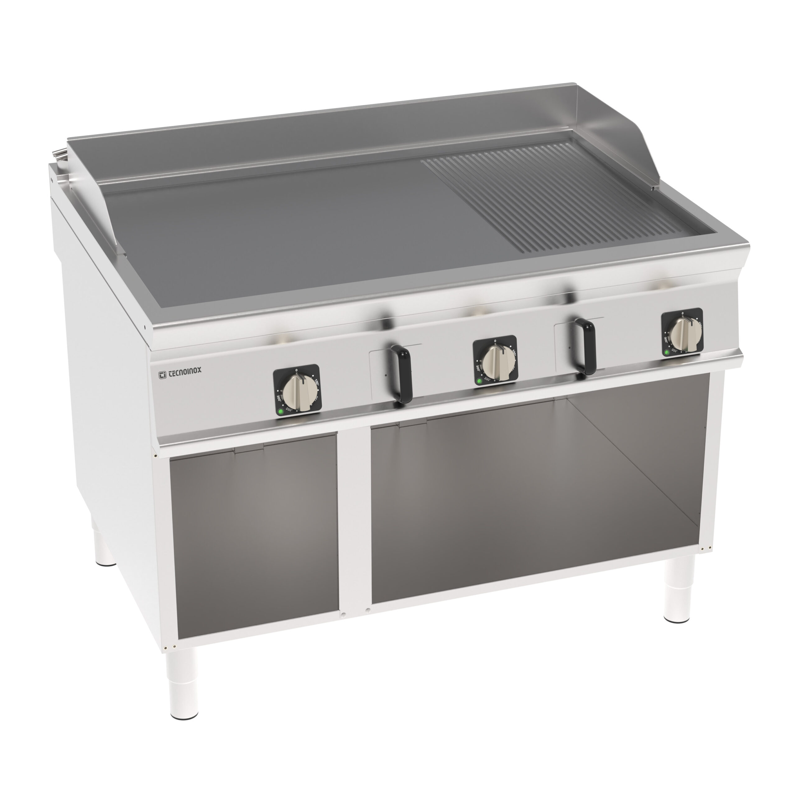 Grătar electric independent cu placă 1/3 striată din crom periat pe cabinet deschis