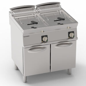Friteuză electrică independentă două cuve 13+13L cu elemente de încălzire rotative în cuvă pe dulap închis