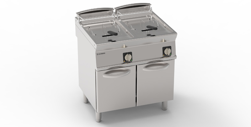 Friteuză electrică independentă două cuve 13+13L cu elemente de încălzire rotative în cuvă pe dulap închis