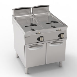 Friteuză pe gaz cu două cuve 21+21L, cu fund în formă de V, pe cabinet închis