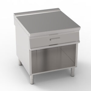 Blat de lucru neutru de sine stătător Tecno90 cu un sertar pe cabinet deschis și suport pentru salamandră