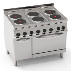 Aragaz electric cu 6 plite rotunde hermetice pe cuptor electric static GN2/1 cu 1 grilaj (diam 22 cm)