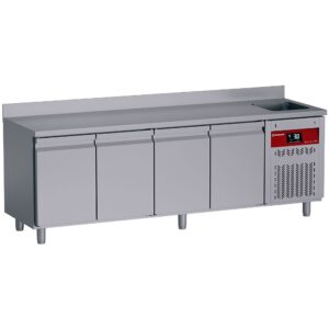 Masă frigorifică ventilată de perete, 4 uși GN 1/1, 550 Lit. cu chiuvetă
