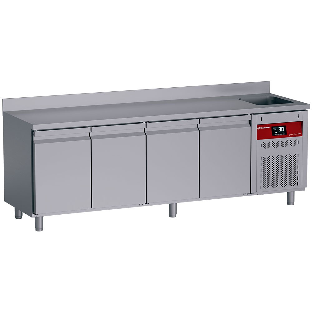 Masă frigorifică ventilată de perete, 4 uși GN 1/1, 550 Lit. cu chiuvetă