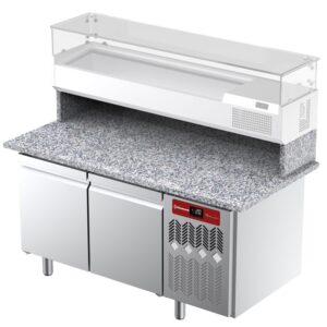 Masă frigorifică ventilată pentru pizza 2 uși cu blat de granit.