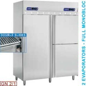 Congelator ventilat și congelator pentru pește 700+350 & 350 Lit., 3 uși GN 2/1 & GN 1/1, pe roți