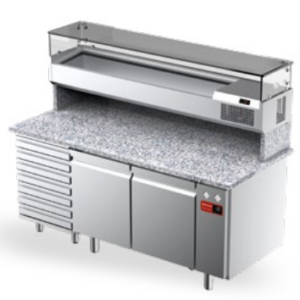 Masă pizza ventilată - 1 ușă și 7 sertare • Blat din granit