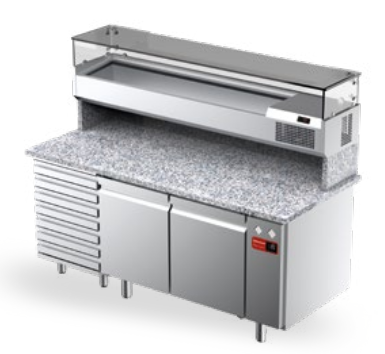 Masă pizza ventilată - 1 ușă și 7 sertare • Blat din granit