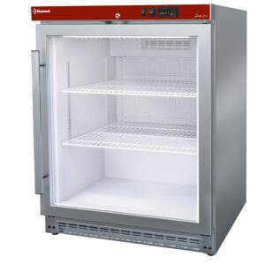 Frigider ventilat, ușă de sticlă, 150 litri. oțel inoxidabil