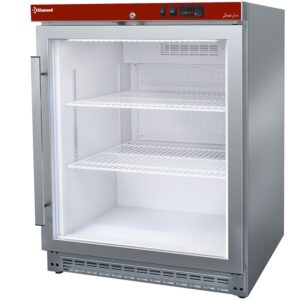 Frigider ventilat, ușă de sticlă, 150 litri. oțel inoxidabil