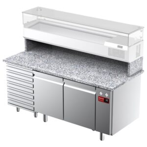 Masă frigorifică ventilată pentru pizza cu 2 uși și 7 sertare cu blat de granit (fără grup)