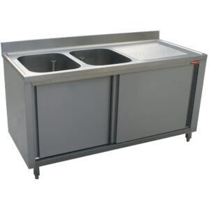 Chiuvetă 2 cuve 600x500xh325, picurător dreapta pe dulap 2 uși culisante