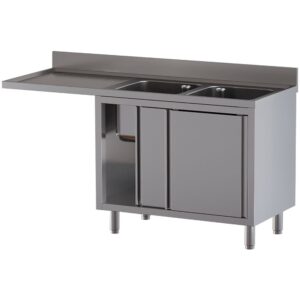 Chiuvetă 2 cuve 400x500x300, picurător stânga, pe dulap cu 2 uși culisante și cu spațiu mașină de spălat vase
