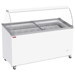 Vitrină congelatoare pentru înghețată, 467 litri, capace glisante pe roți cu sticlă curbată, capacitate pentru 8 cuve