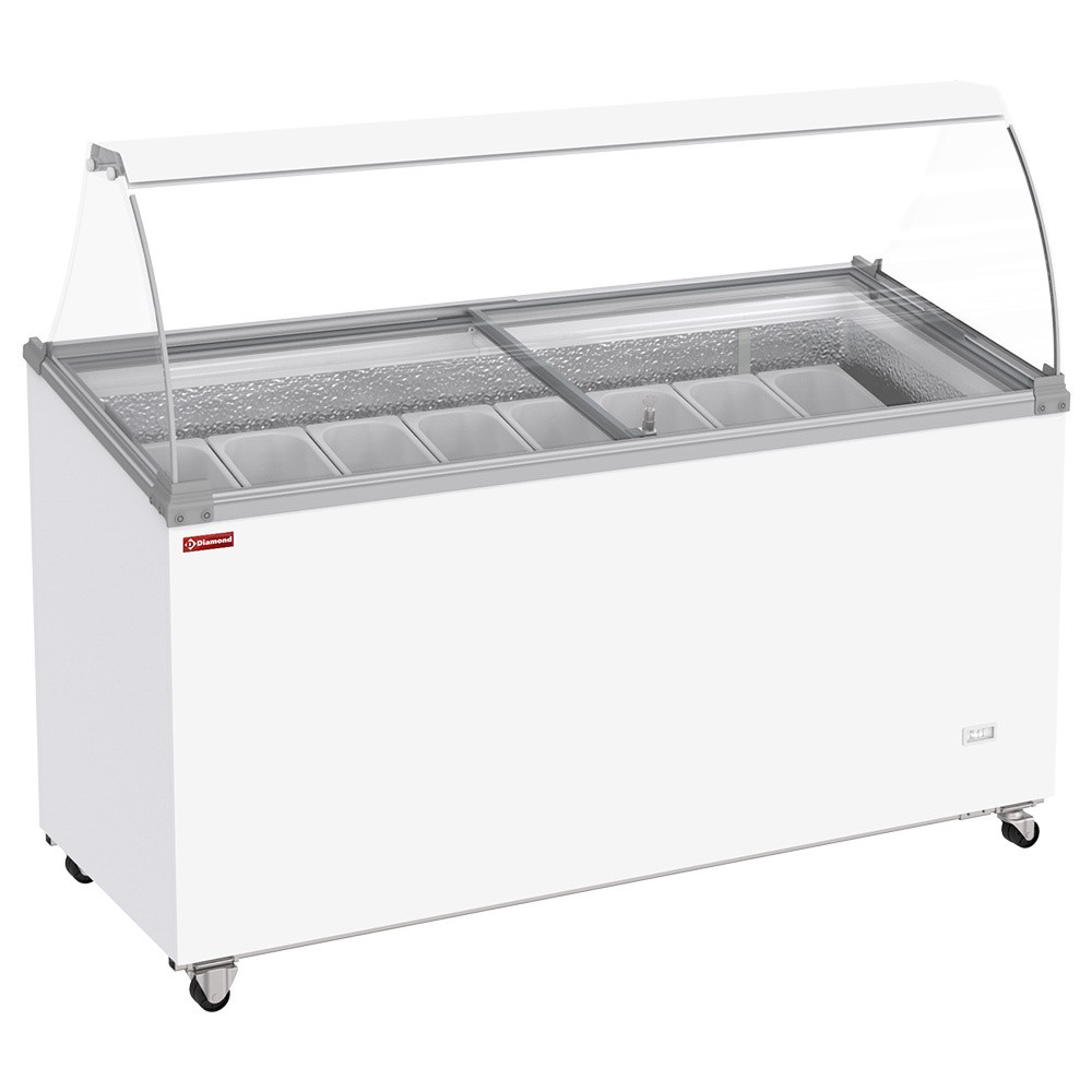 Vitrină congelatoare pentru înghețată, 467 litri, capace glisante pe roți cu sticlă curbată, capacitate pentru 8 cuve