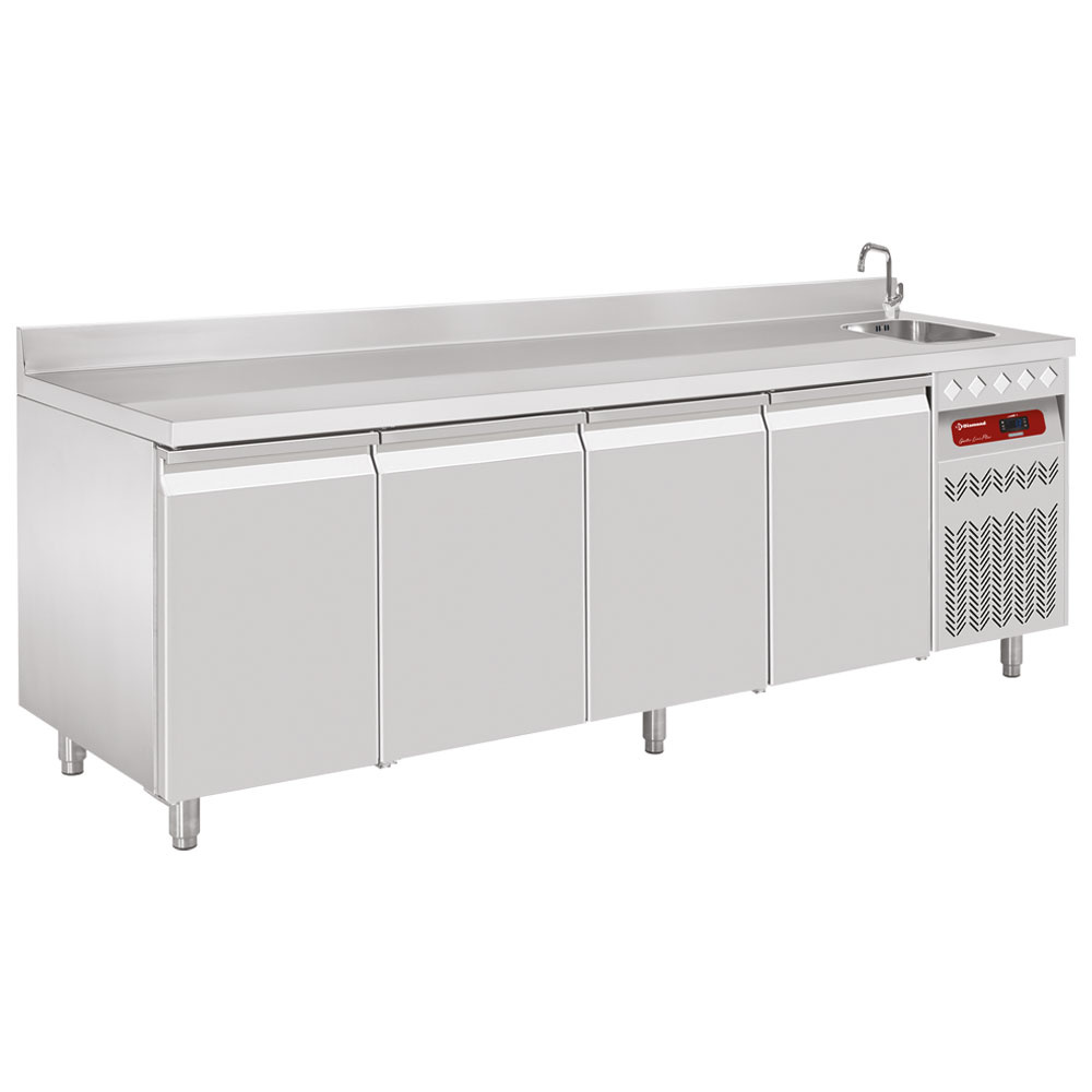 Masă de răcire ventilată de perete cu chiuvetă, 4 uși GN 1/1 - SILVER 700