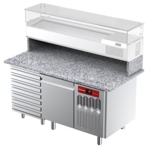 Masă frigorifică ventilată pentru pizza cu 1 ușă și 7 sertare cu blat de granit.
